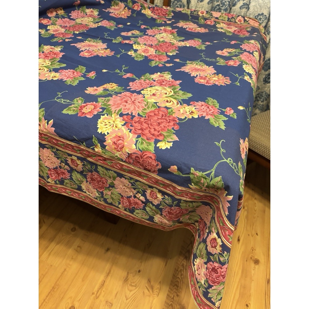 Vintage April Cornell Tablecloth Blue Pink Mums Yellow Floral 54 x 96